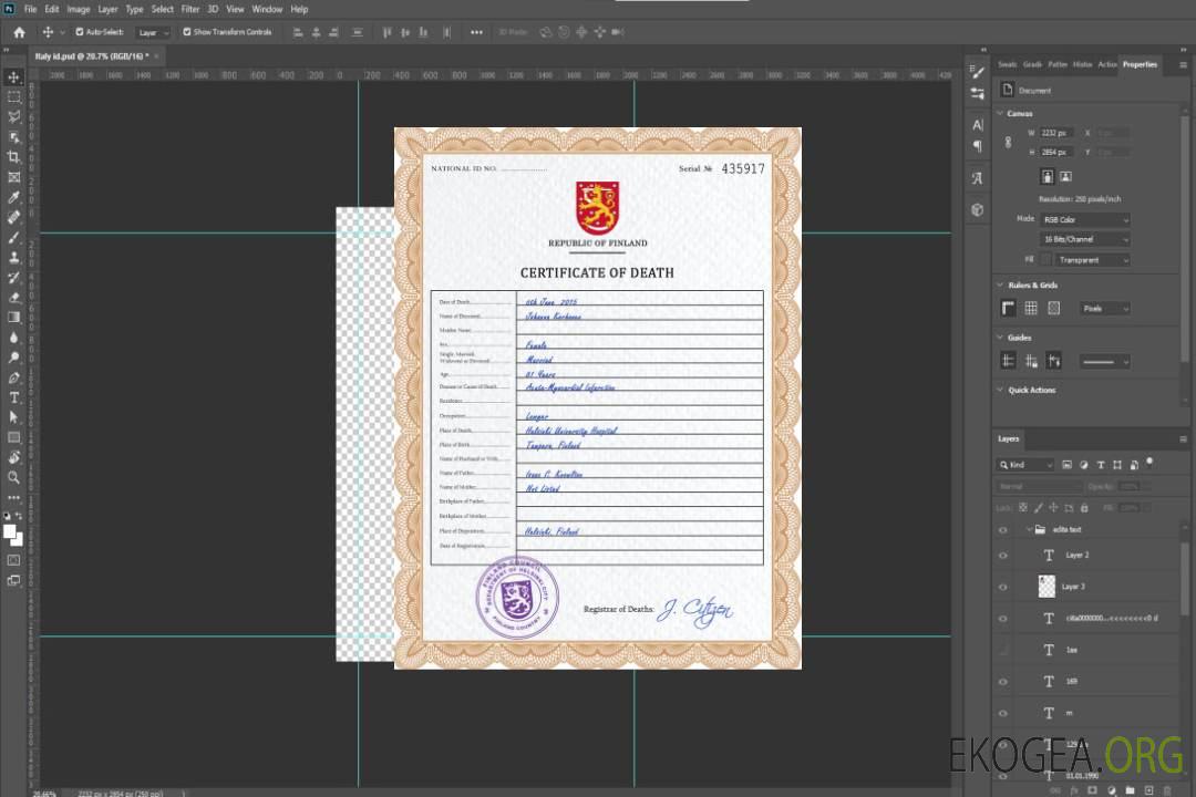 Modèle PSD de certificat de décès de Finlande template Modèle PSD de certificat de décès de Finlande template